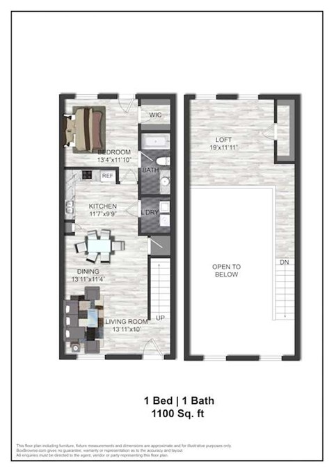 Floor plan for 1 bed, 1 bath, 1100 sqft